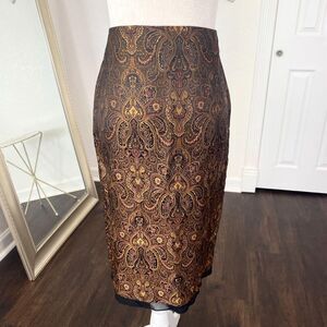Vintage 90s Made in USA Shimmery Gold Black Paisley Satin Midi Pencil Skirt S